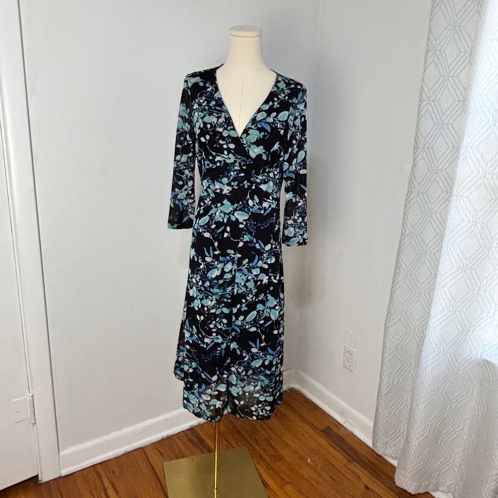Dark Floral Botanical Midi Dress Whimsigoth Mesh Faux Wrap Cottagecore Womens 8
